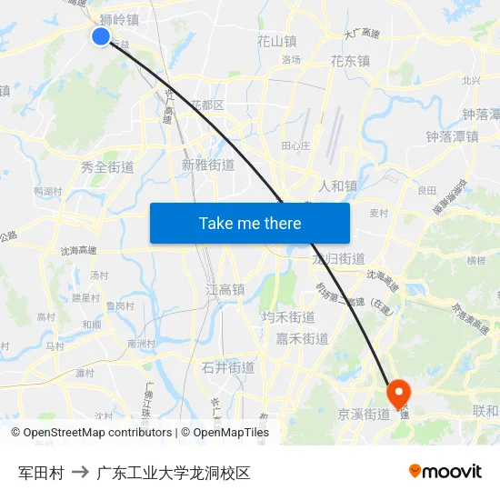 军田村 to 广东工业大学龙洞校区 map