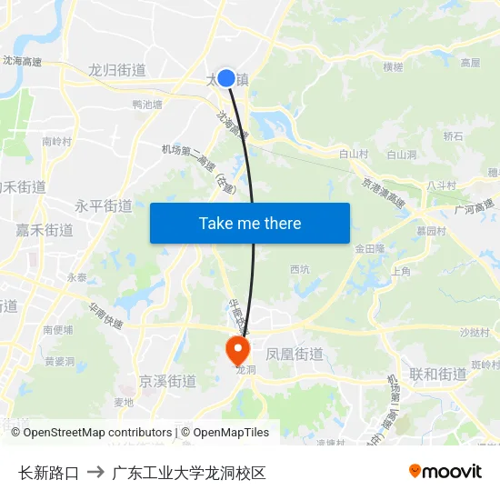 长新路口 to 广东工业大学龙洞校区 map