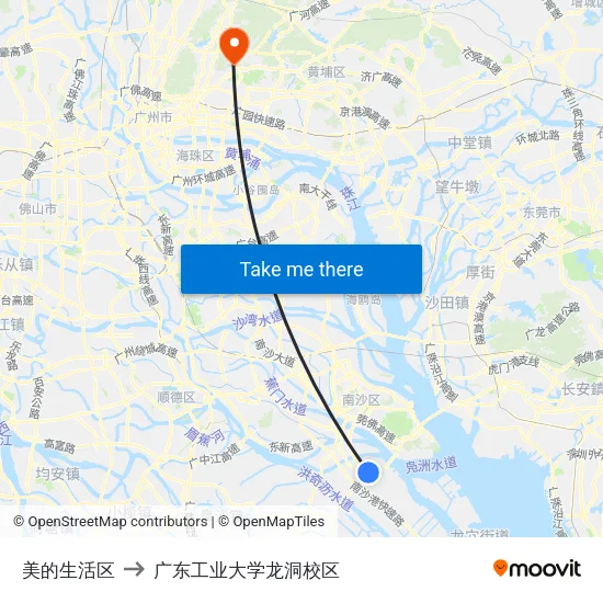 美的生活区 to 广东工业大学龙洞校区 map