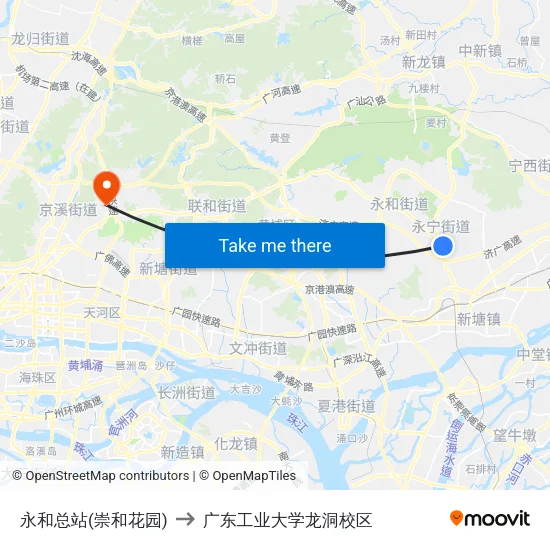 永和总站(崇和花园) to 广东工业大学龙洞校区 map