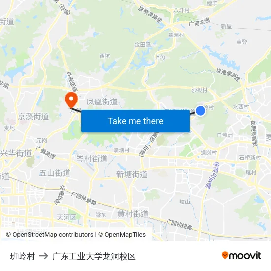 班岭村 to 广东工业大学龙洞校区 map