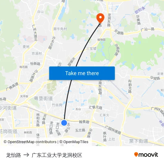 龙怡路 to 广东工业大学龙洞校区 map