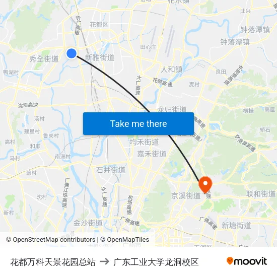 花都万科天景花园总站 to 广东工业大学龙洞校区 map