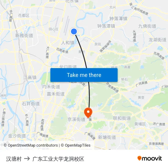 汉塘村 to 广东工业大学龙洞校区 map