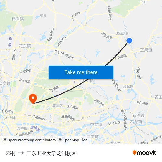 邓村 to 广东工业大学龙洞校区 map