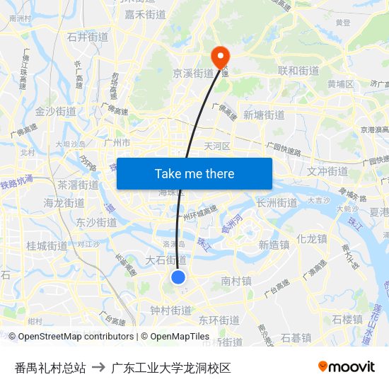 番禺礼村总站 to 广东工业大学龙洞校区 map