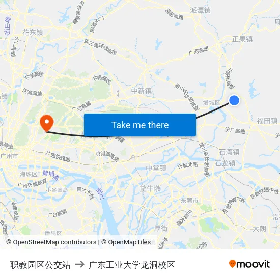 职教园区公交站 to 广东工业大学龙洞校区 map
