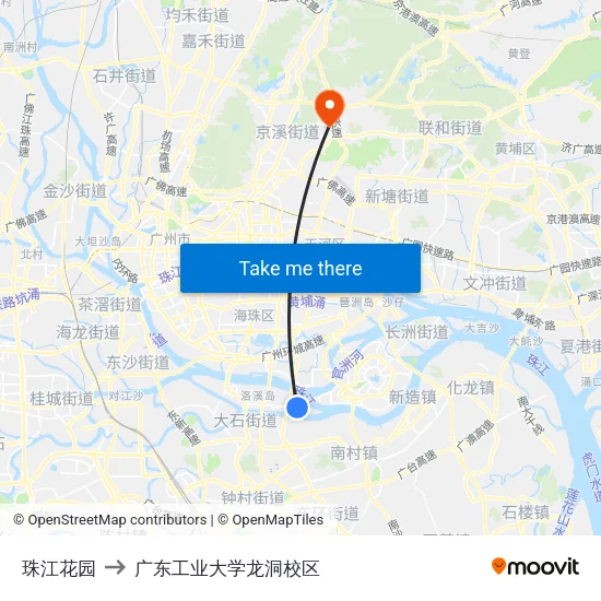 珠江花园 to 广东工业大学龙洞校区 map