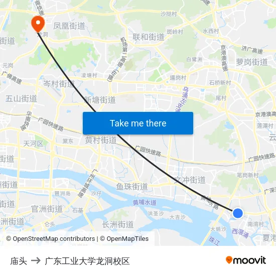 庙头 to 广东工业大学龙洞校区 map