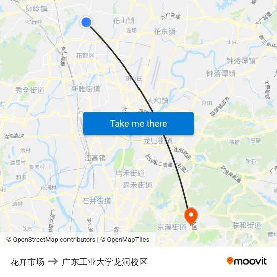 花卉市场 to 广东工业大学龙洞校区 map