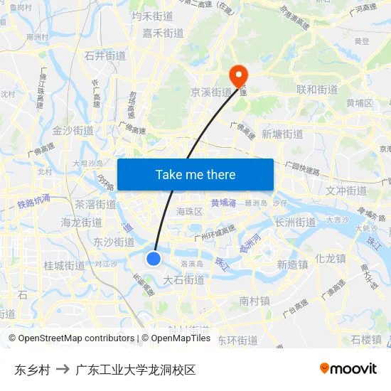 东乡村 to 广东工业大学龙洞校区 map