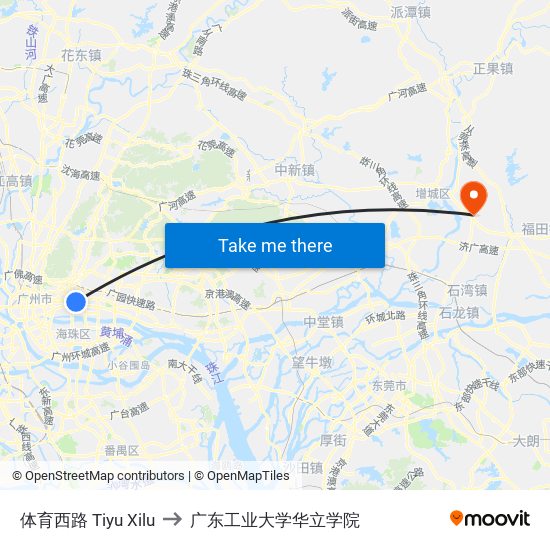 体育西路 Tiyu Xilu to 广东工业大学华立学院 map