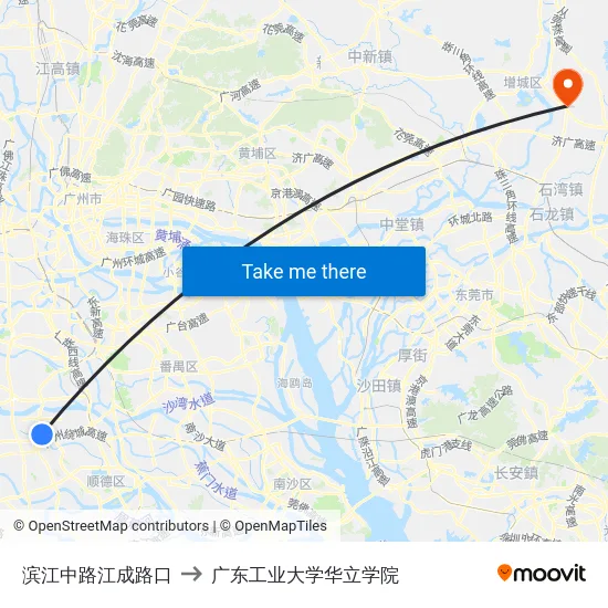 滨江中路江成路口 to 广东工业大学华立学院 map