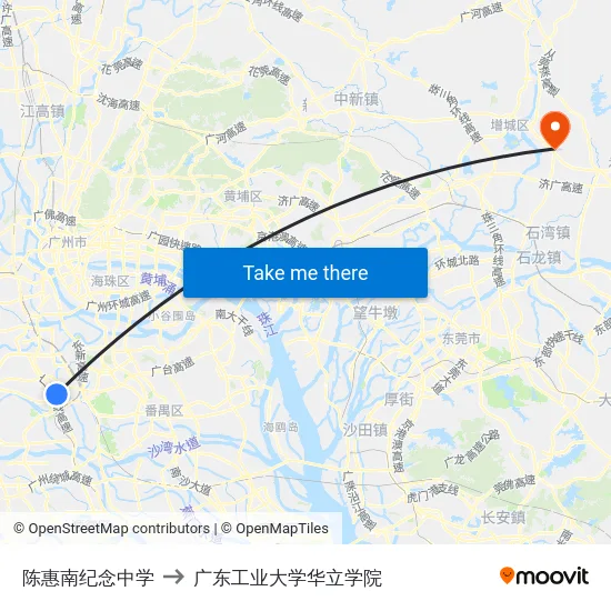 陈惠南纪念中学 to 广东工业大学华立学院 map