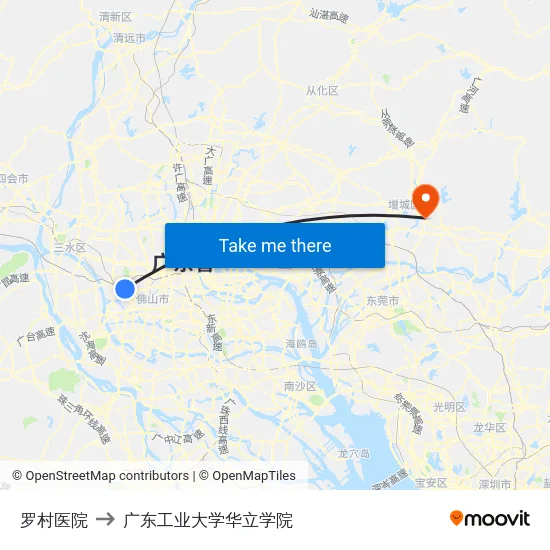 罗村医院 to 广东工业大学华立学院 map