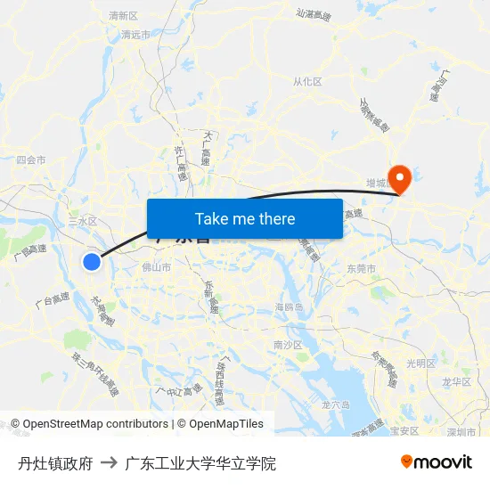 丹灶镇政府 to 广东工业大学华立学院 map