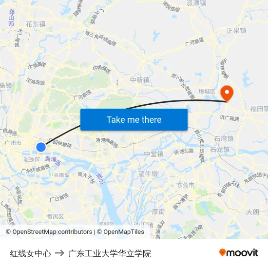 红线女中心 to 广东工业大学华立学院 map