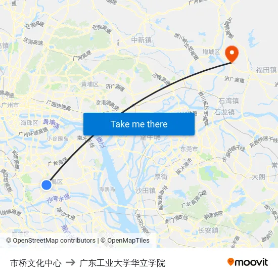 市桥文化中心 to 广东工业大学华立学院 map