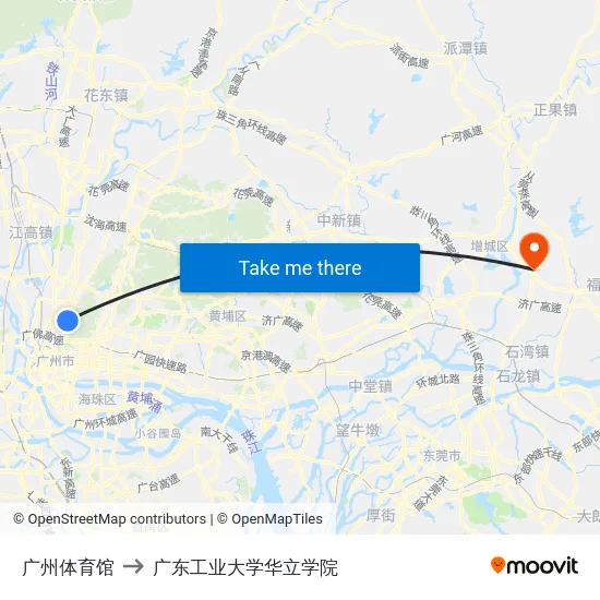 广州体育馆 to 广东工业大学华立学院 map
