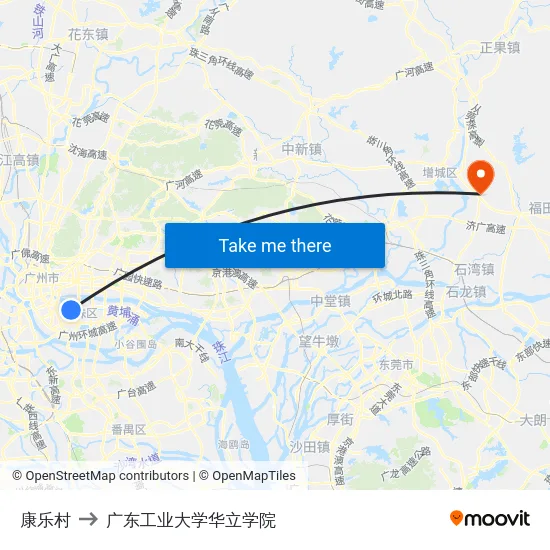 康乐村 to 广东工业大学华立学院 map
