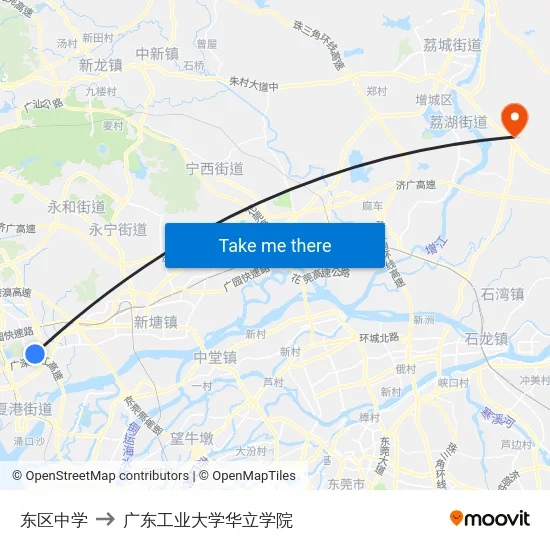 东区中学 to 广东工业大学华立学院 map