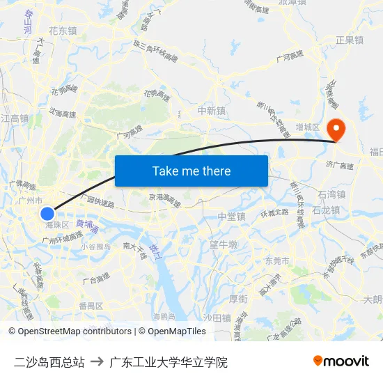 二沙岛西总站 to 广东工业大学华立学院 map