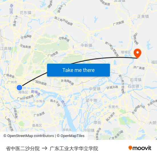 省中医二沙分院 to 广东工业大学华立学院 map