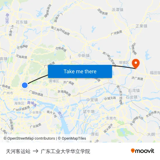 天河客运站 to 广东工业大学华立学院 map