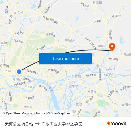 天河公交场总站 to 广东工业大学华立学院 map