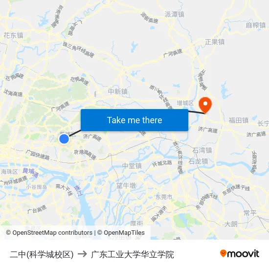 二中(科学城校区) to 广东工业大学华立学院 map