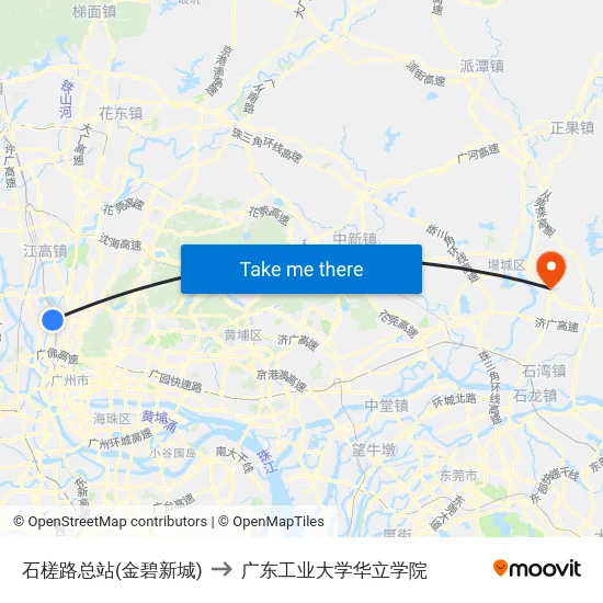 石槎路总站(金碧新城) to 广东工业大学华立学院 map