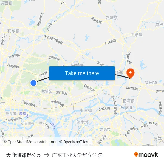 天鹿湖郊野公园 to 广东工业大学华立学院 map
