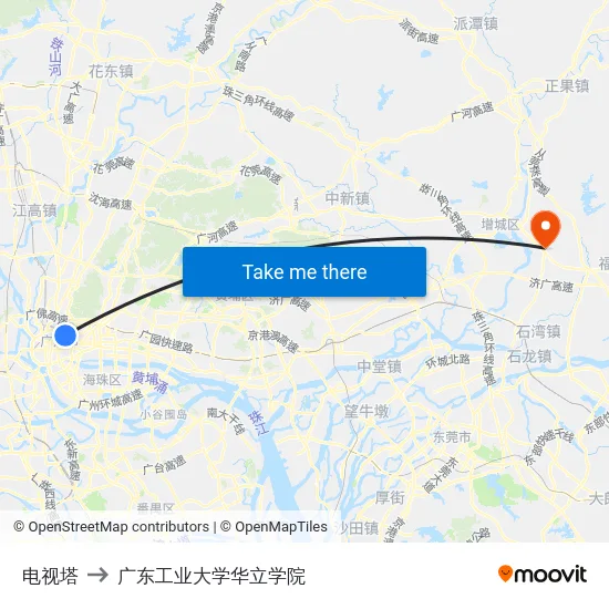电视塔 to 广东工业大学华立学院 map