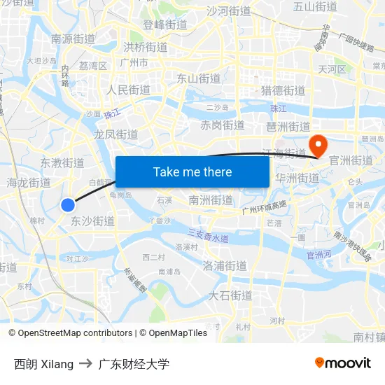 西朗 Xilang to 广东财经大学 map