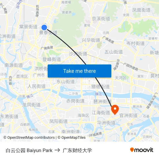 白云公园 Baiyun Park to 广东财经大学 map