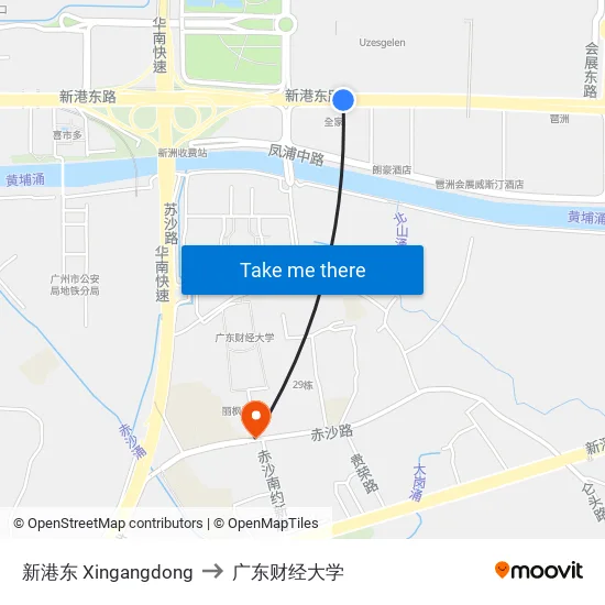 新港东 Xingangdong to 广东财经大学 map