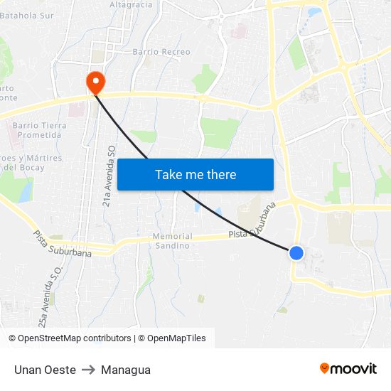 Unan Oeste to Managua map