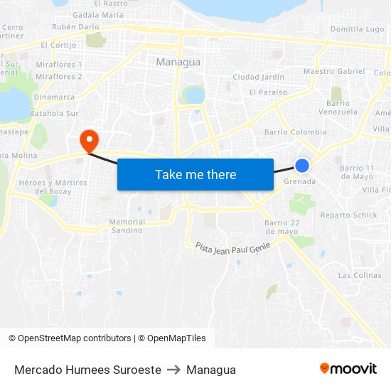 Mercado Humees Suroeste to Managua map