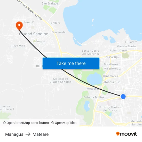 Managua to Mateare map