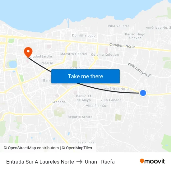 Entrada Sur A Laureles Norte to Unan - Rucfa map