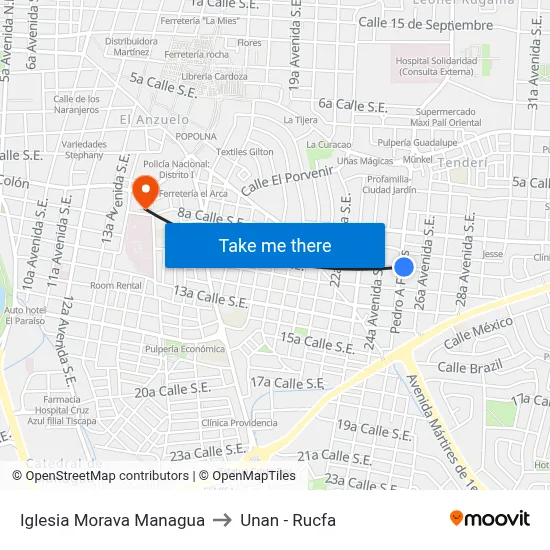 Iglesia Morava Managua to Unan - Rucfa map