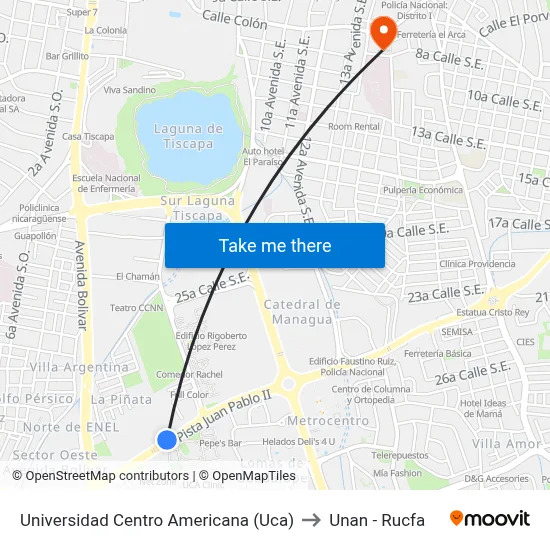 Universidad Centro Americana (Uca) to Unan - Rucfa map