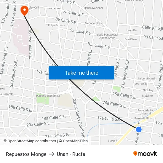 Repuestos Monge to Unan - Rucfa map