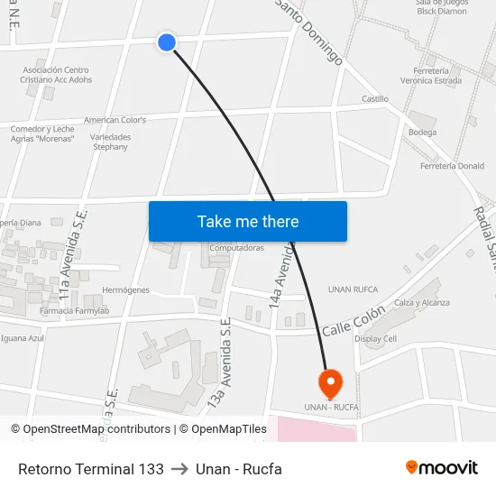 Retorno Terminal 133 to Unan - Rucfa map