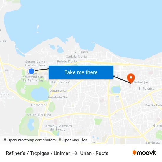 Refinería / Tropigas / Unimar to Unan - Rucfa map