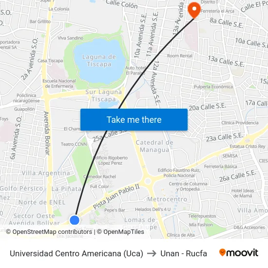 Universidad Centro Americana (Uca) to Unan - Rucfa map