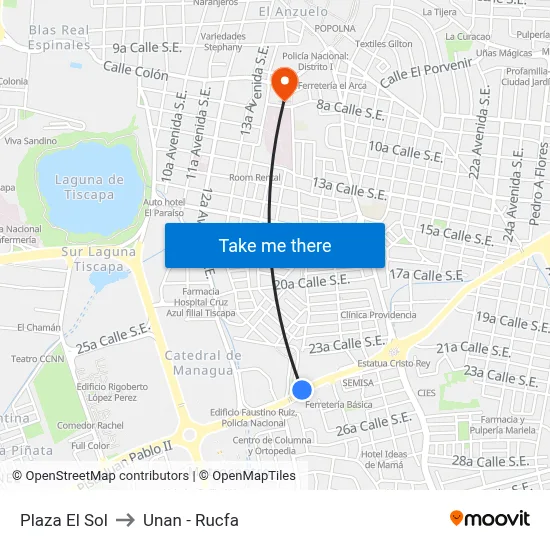 Plaza El Sol to Unan - Rucfa map