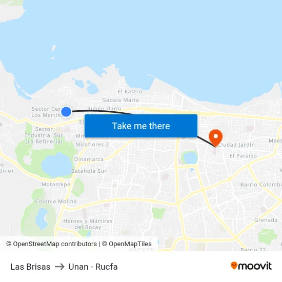 Las Brisas to Unan - Rucfa map