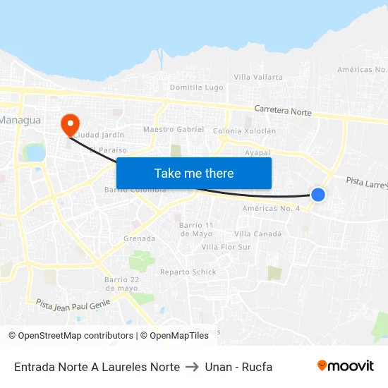 Entrada Norte A Laureles Norte to Unan - Rucfa map