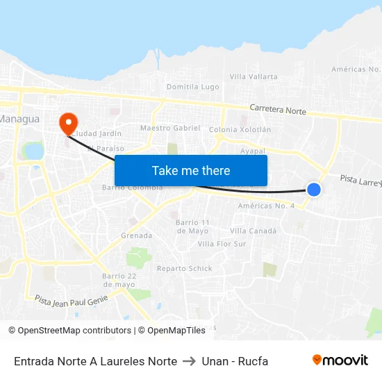 Entrada Norte A Laureles Norte to Unan - Rucfa map
